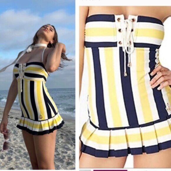 Juicy Couture Vintage Y2K Pleated Skirt Striped Nautical Swimsuit Pin Up Retro M - Picture 1 of 16